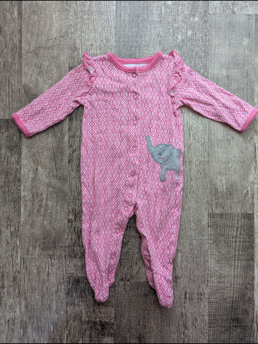 Pink Diamond-Print Footed One-Piece with Gray Elephant Applique